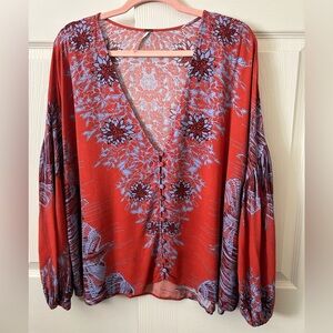 Free People Red and Blue Floral Blouse